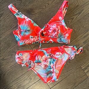 Kona Sol Womens Keyhole Bralette Bikini Top / Bottom Small Tropical Red Floral